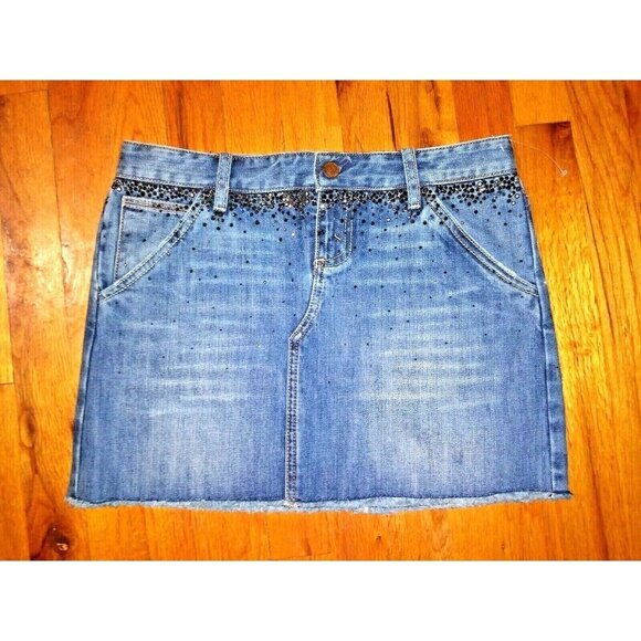 Denim Mini Skirt embellished rhinestones WAIST 30" POCKETS X2 blue frayed hem - Picture 6 of 8